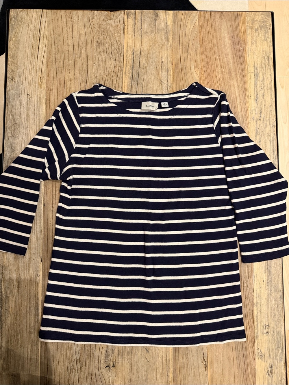 L.L. Bean Navy and White Striped Boatneck 3/4 Sleeve Top